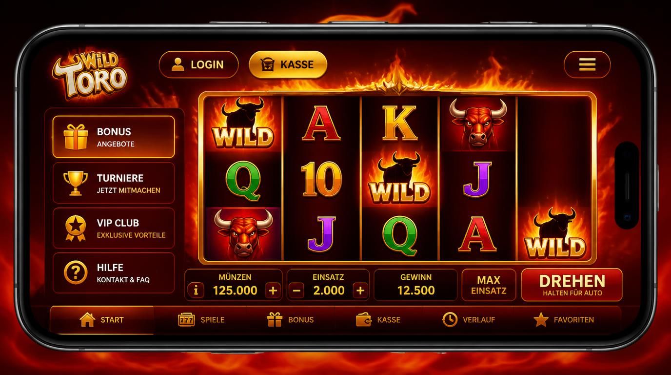 Smartphone mit Wild Toro Slot-Spieloberfläche, Login-, Kassen- und Bonusbereich sichtbar