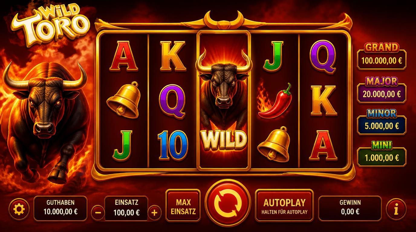 Interface von Wild Toro mit Stier-Symbol, kräftigen Kontrasten und klaren Bedienelementen
