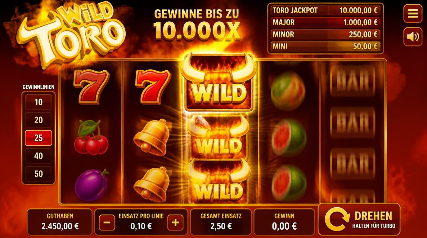 Wild Toro Walzen, Wild-Symbol, Einsatz und Gewinnauszahlung visualisiert
